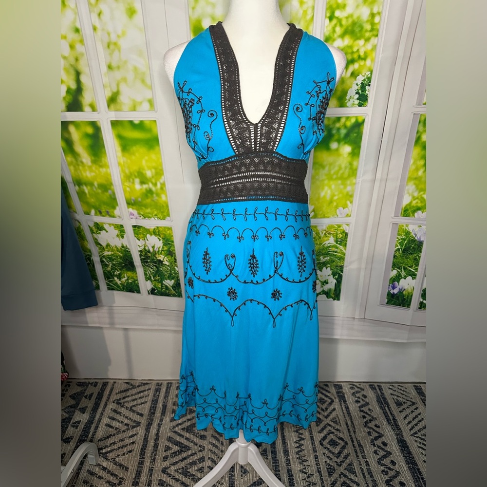 Embroidered Blue Halter Dress